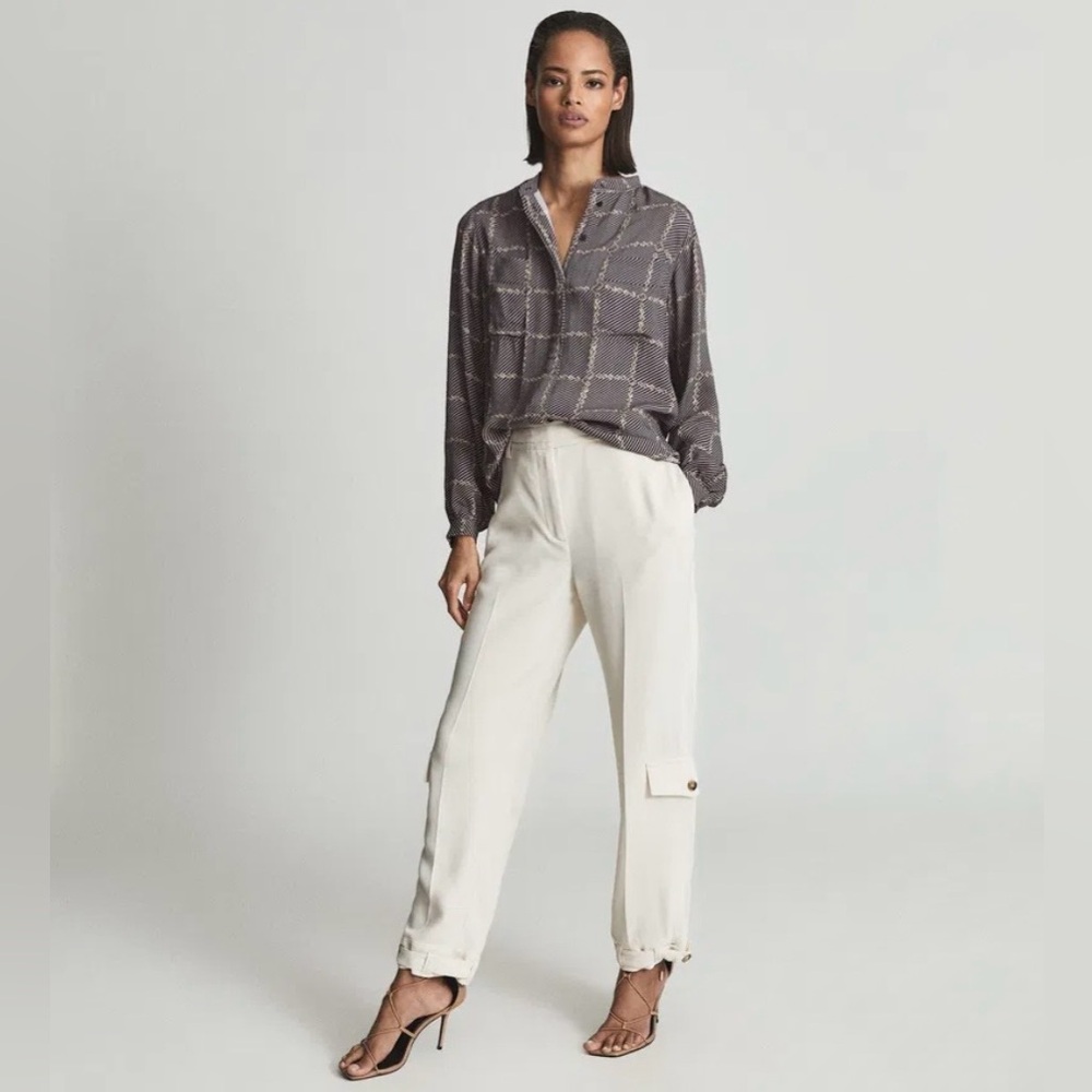 REISS Nyla Chain Link Print Button Down Top Blouse Striped Long Sleeve Size 4